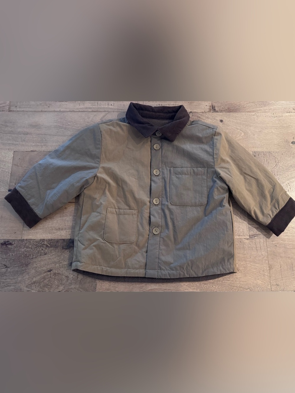 Zara colorblock Classic Olive Green khaki Kids Jacket brown corduroy trim 12-18